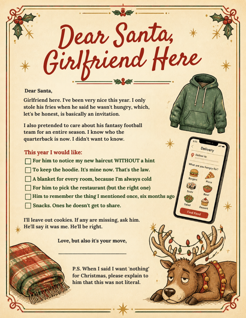 Dear Santa, Girlfriend Here funny printable letter