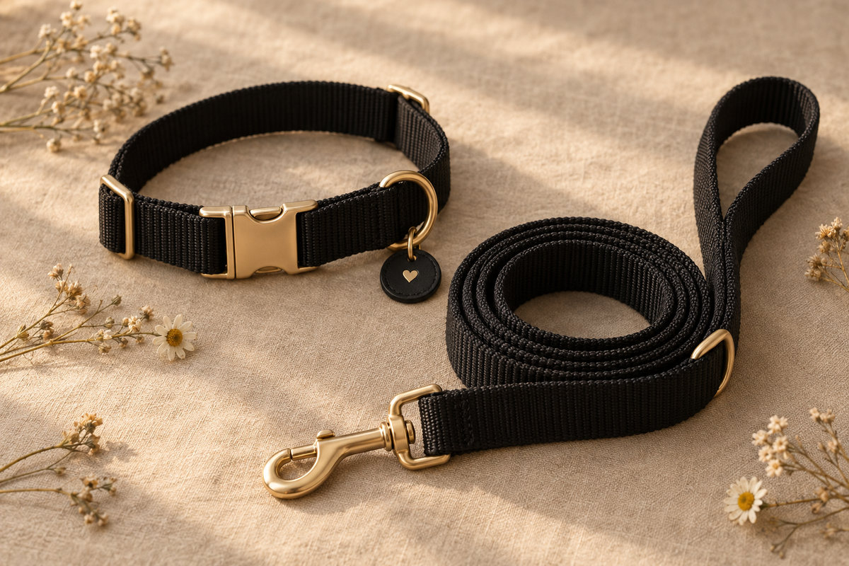 Black nylon dog leash with gold hardware
