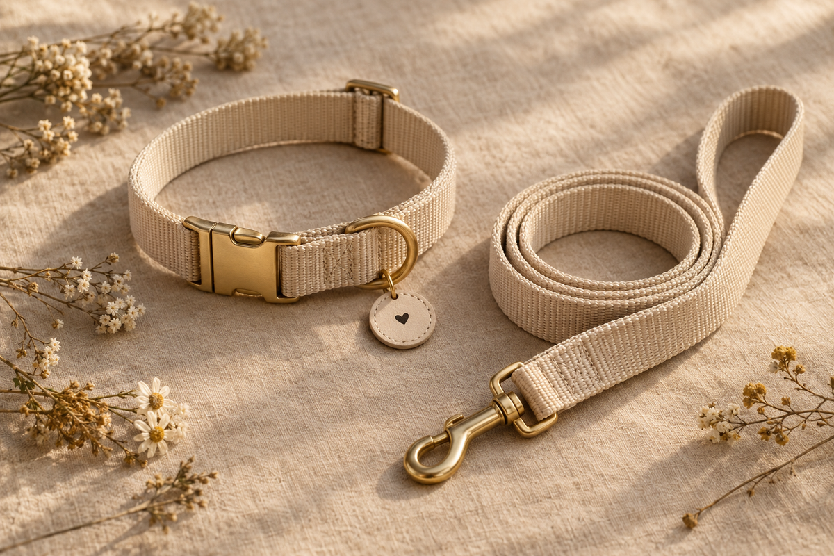 Cream nylon dog leash with gold hardware