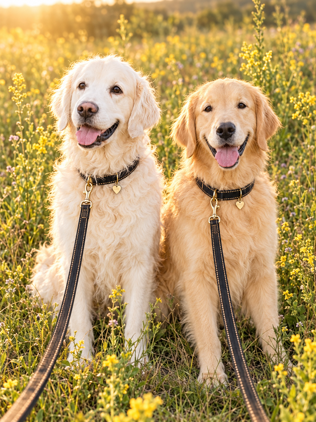 Two Golden Retrievers on matching black leashes with champagne stitching in a wildflower field