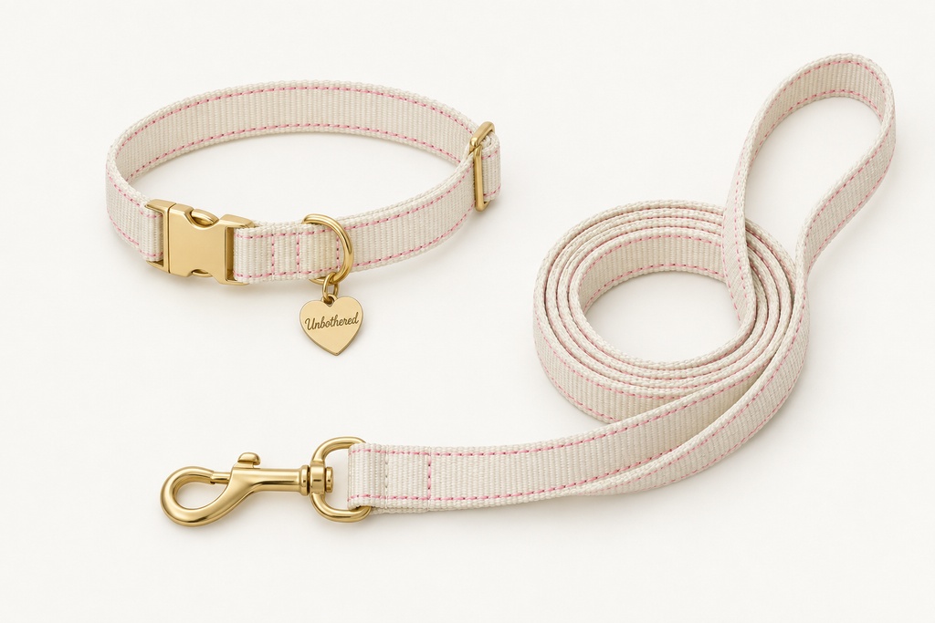 Cream nylon dog collar with pink stitching and gold heart tag engraved Unbothered, flat lay product photo