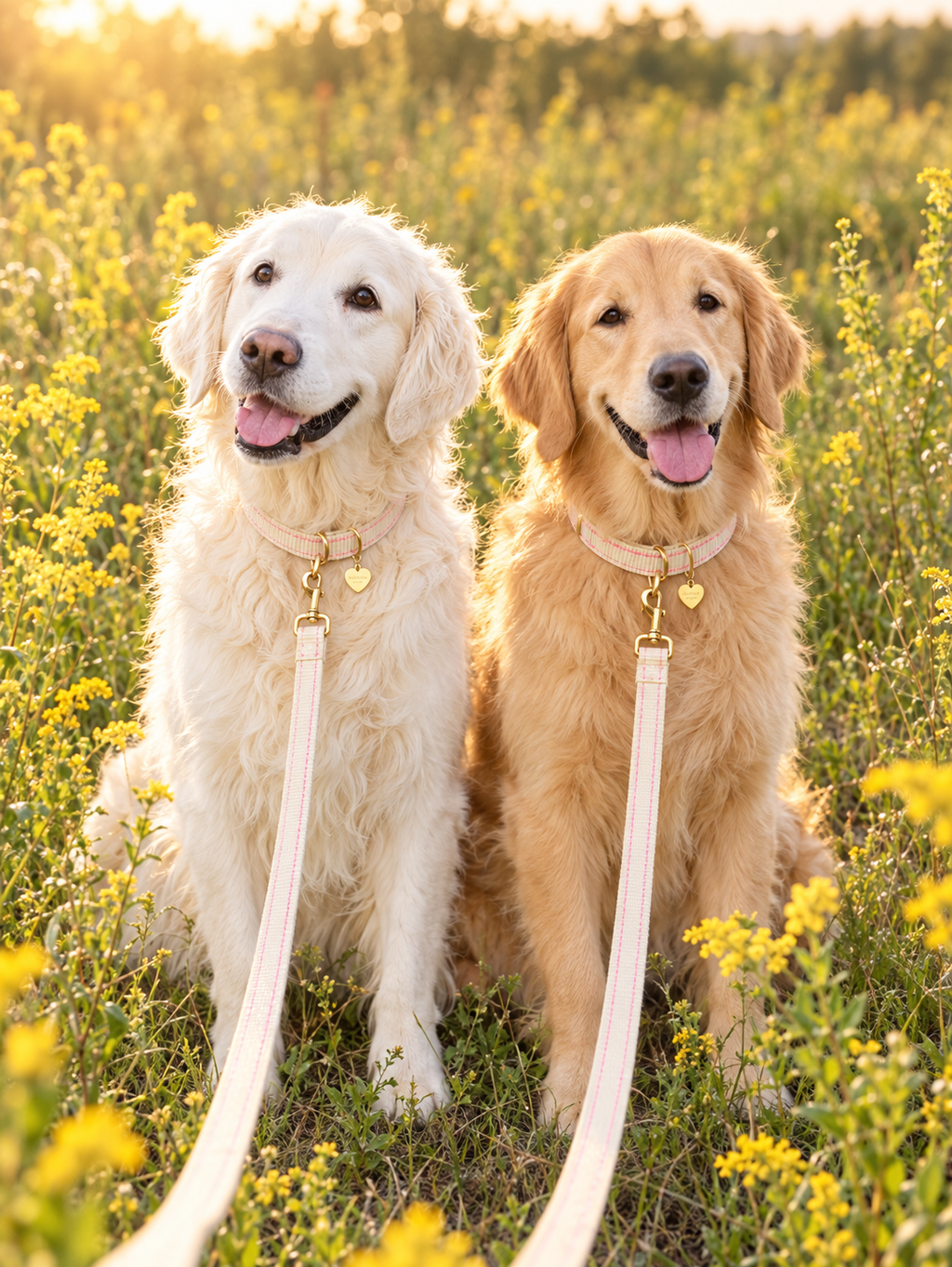 Two Golden Retrievers on matching cream leashes with pink stitching in a wildflower field