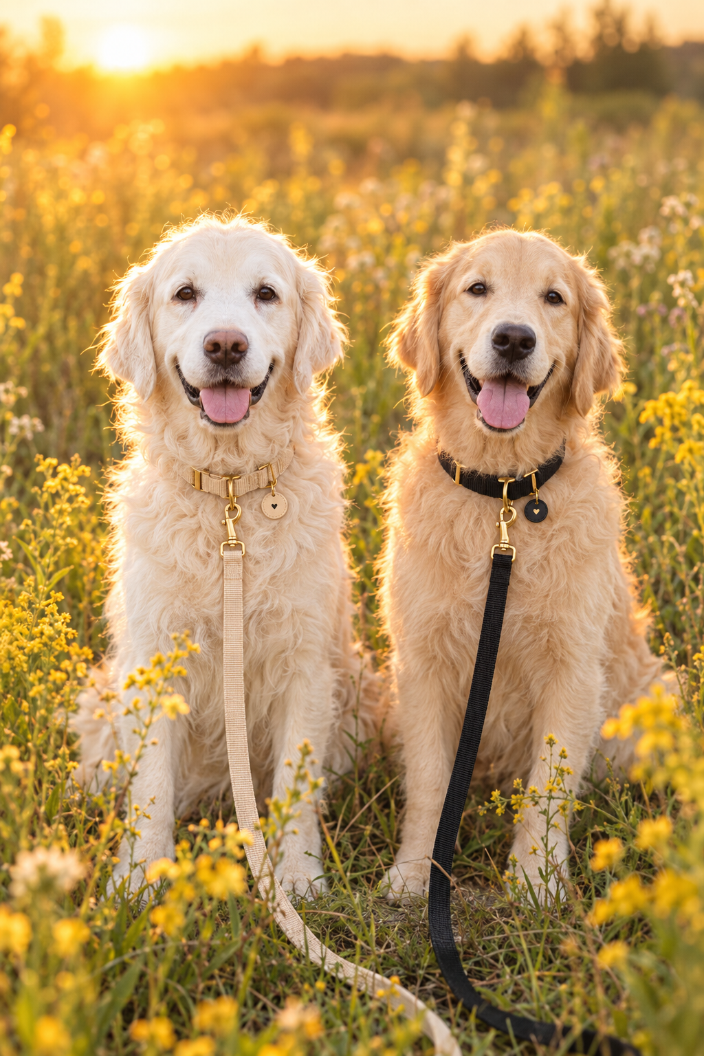 Our two Golden Retrievers wearing the cream and black Good Dogs Attract Good Humans dog leashes in a golden-hour wildflower field