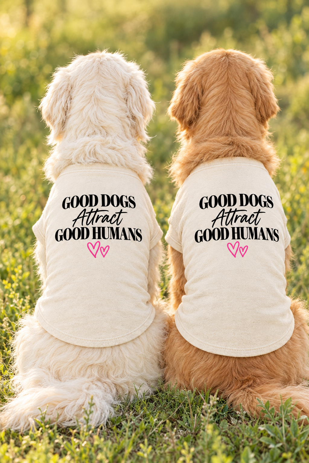 Two real Golden Retrievers sitting side by side facing away, wearing the cream Good Dogs Attract Good Humans dog shirt with the lettering visible on their backs