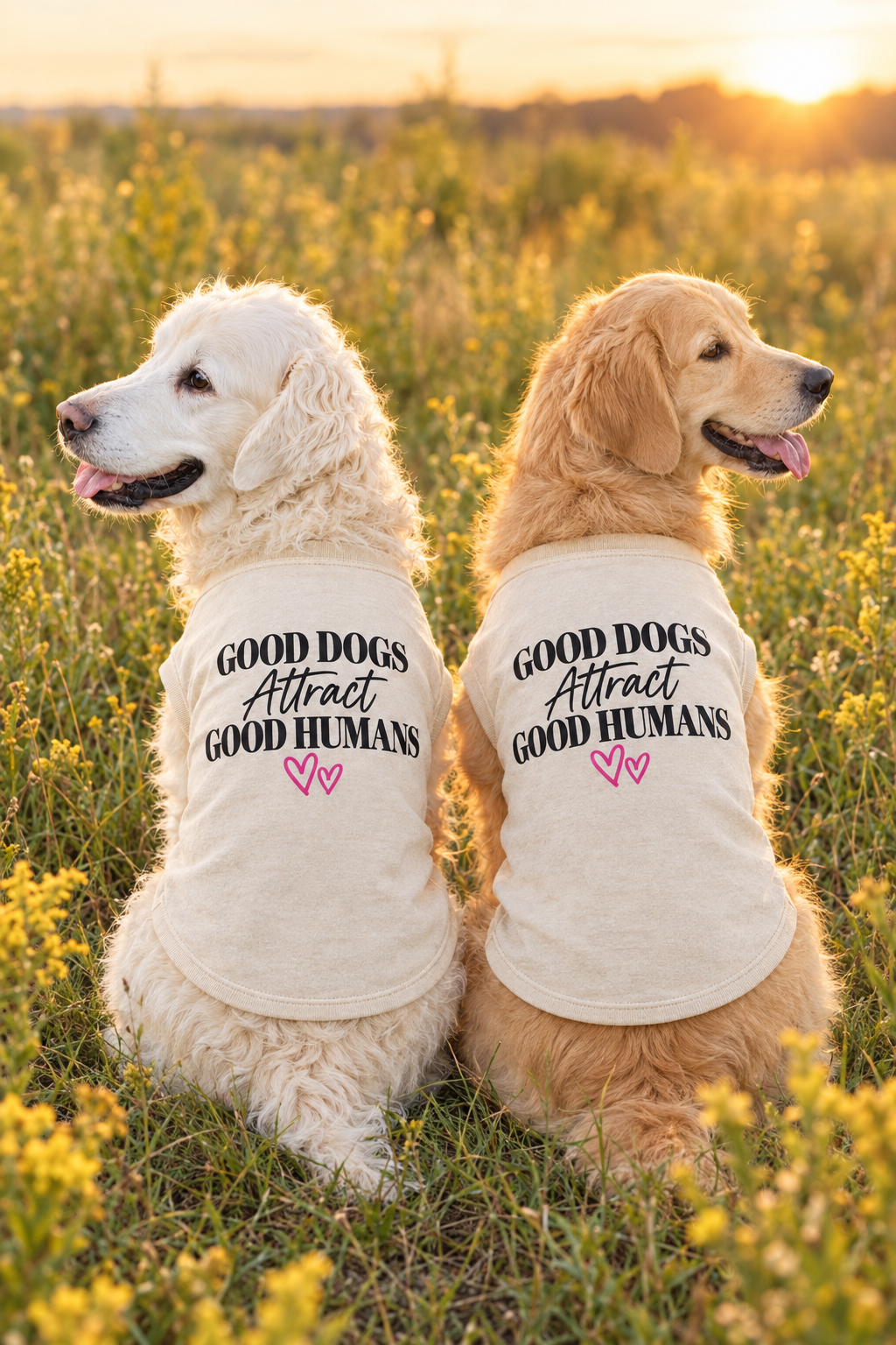 Our two Golden Retrievers sitting side by side facing away, showing the Good Dogs Attract Good Humans lettering on the back of the cream dog shirt