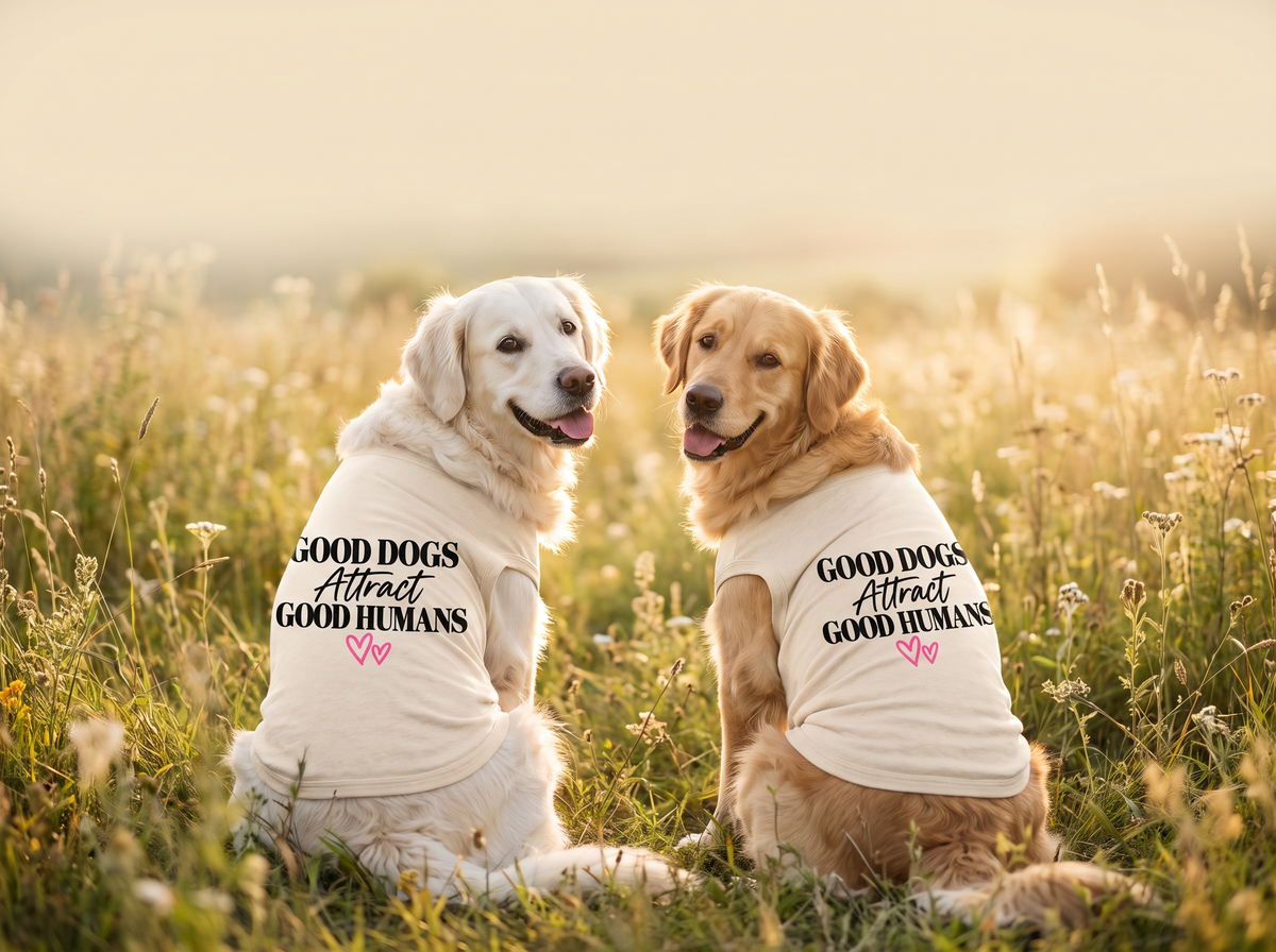 Two real Golden Retrievers wearing the cream Good Dogs Attract Good Humans dog shirt, backs turned to show the lettering