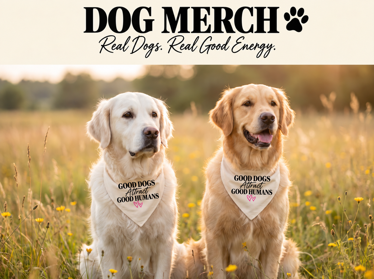 Two real Golden Retrievers modeling the cream Good Dogs Attract Good Humans bandana